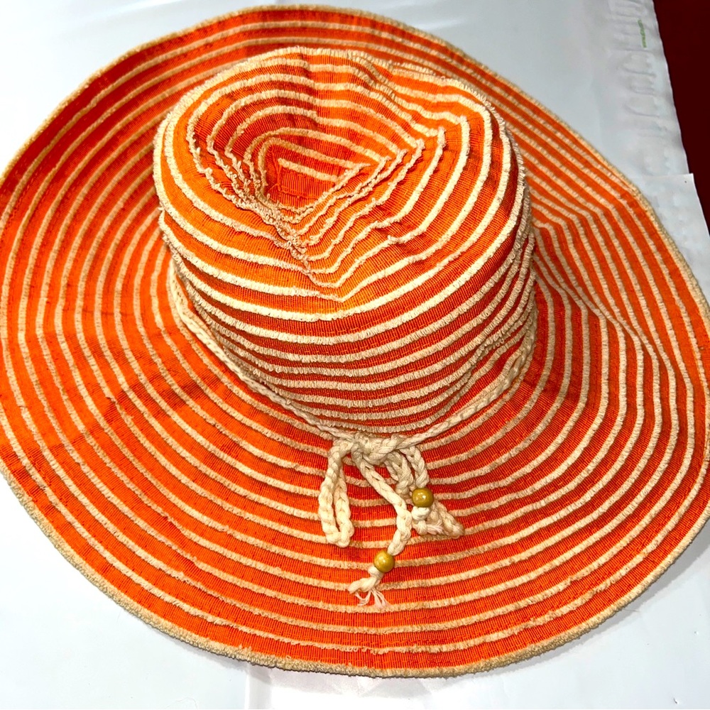 Peach Beige Striped Beach Hat Straw Floppy Resort Hat Wide Brim Textured Stripes
